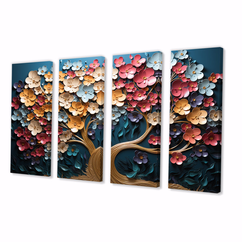 Multicolore arbre doré sur fond bleu - art mural 4 pièces, H 28 po x l 48 po
