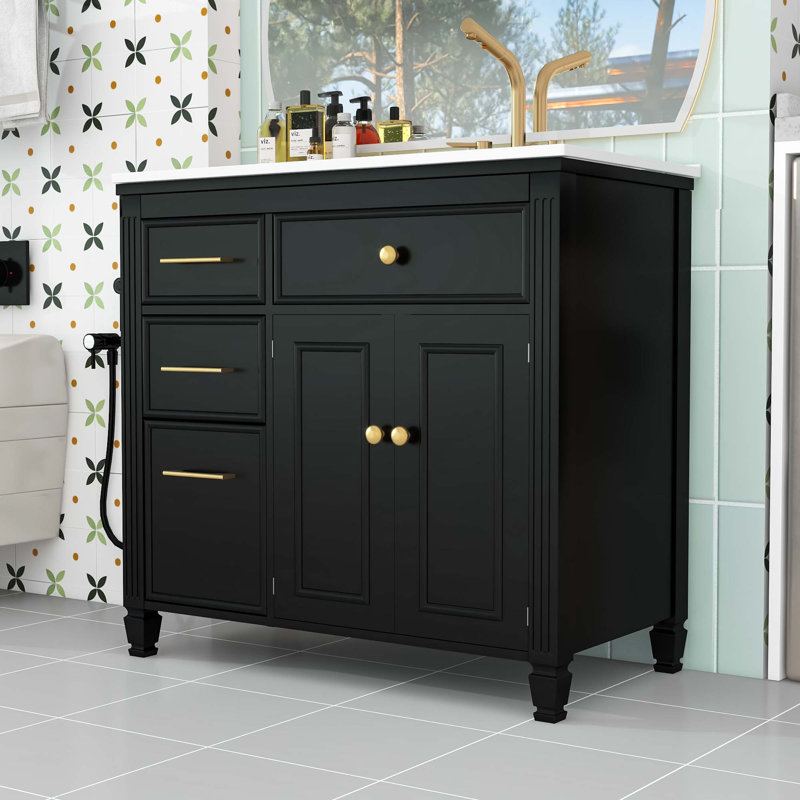 Meuble-lavabo de salle de bain avec lavabo en céramique, tiroir et tablette réglable, Noir