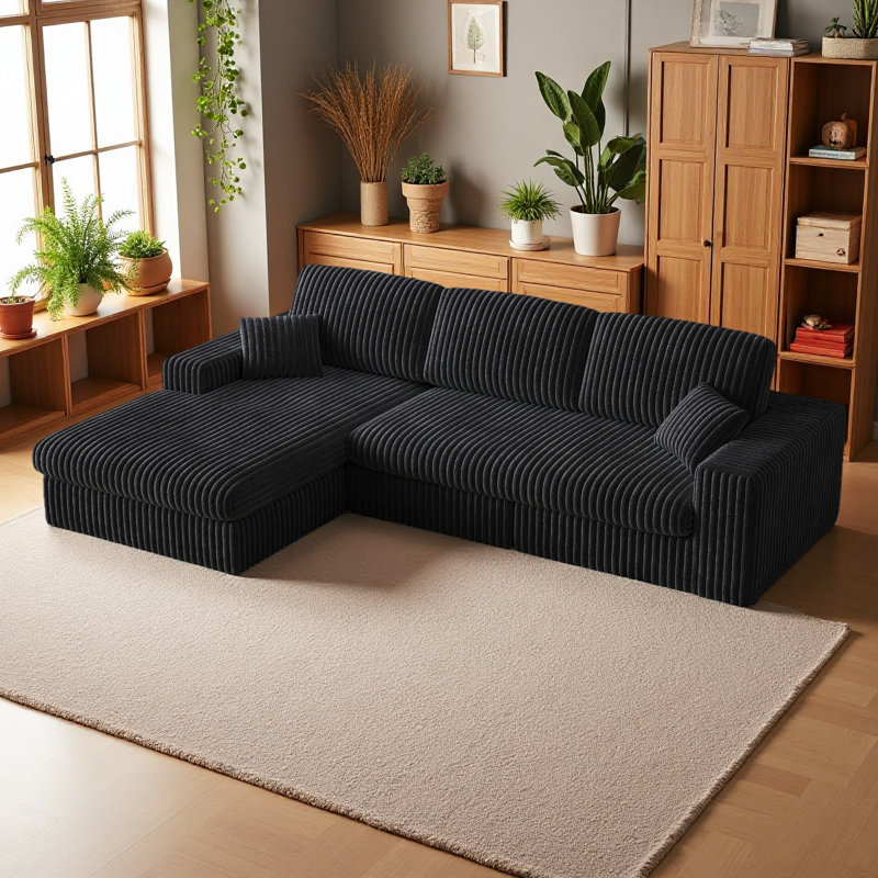 114.5'Modern Corduroy Modular Foam Sofa, Recliner Seat Reversible Sofa, 2-In-1 Sofa With Recliner And L-Shaped Sofa Combination With Three Cushion Neck Pillow Combination And Two Throw Pillows