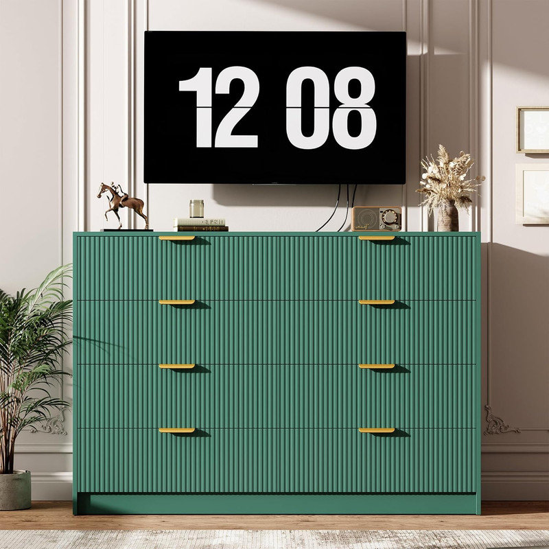 55" Fluted 8-Drawer Dresser – Gold Handles, Multi-Function TV Stand for Bedroom, Living Room, Hallway, Green