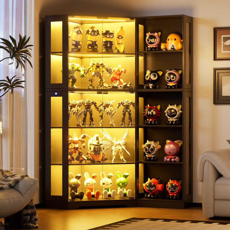 Vitrine de coin avec lumières à DEL, vitrine en verre avec portes pour objets de collection, tablettes de rangement pour le salon, noir