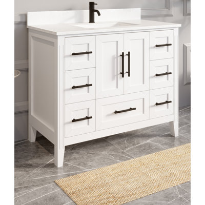 Meuble-lavabo simple de 42 po x 22 po Houston Oxford Oxford avec barre de puissance et rangement pour tiroir, comptoir en quartz, lavabo en céramique encastré, bois de bouleau massif pré-assemblé