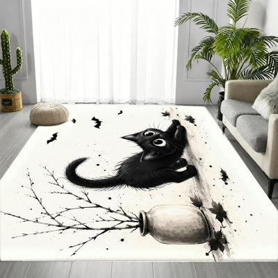 Mignon tapis noir délavé à l'encre de chat, motif de chauve-souris fantaisiste d'Halloween, style aquarelle artistique, surface en velours, tapis antidérapant, décoration intérieure pour salon, chambre à coucher, couloir, appartement
