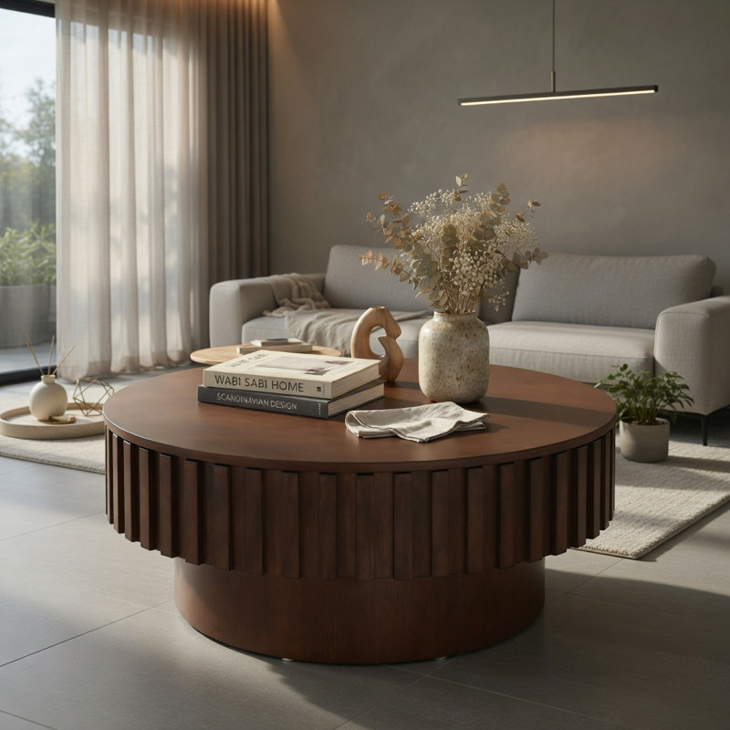 Table basse ronde ronde avec rangement Table basse moderne en bois avec compartiment caché, Noyer