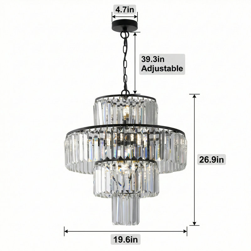 Un lustre en cristal moderne de 20 pouces avec une finition noire, présentant un design à quatre niveaux pour les salles à manger ou les salons. Ce luminaire suspendu en cristal élégant n'inclut pas d'ampoule.