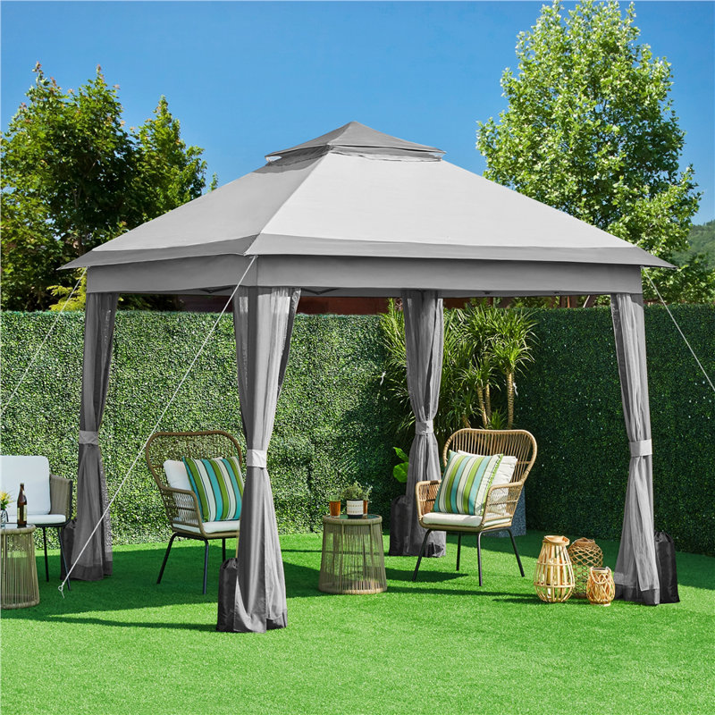 Abri de jardin escamotable de 11 pi x 11 pi avec 4 parois latérales en filet, Gris clair / Gris foncé