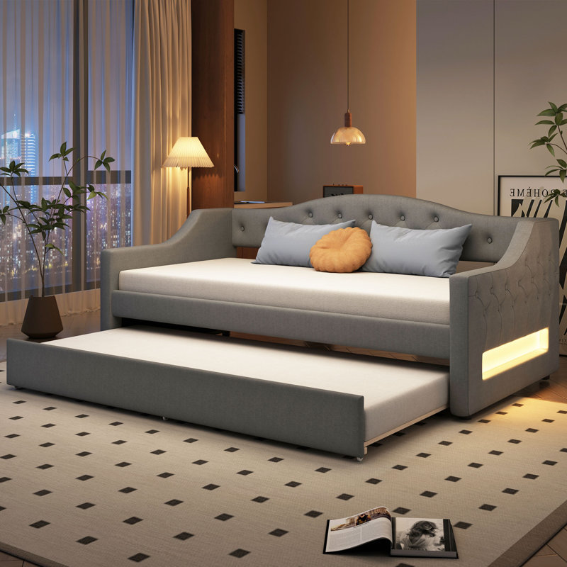 Upholstered Daybed With LED and Trundle, Gray