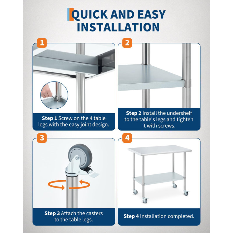 Table en acier inoxydable pour la préparation et le travail, table de travail de cuisine commerciale de 24 x 48 pouces avec 4 roulettes et sous-tablette réglable, table de préparation en métal robuste pour l'extérieur du garage du restaurant