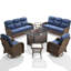 Ensemble de conversation de luxe pour l'extérieur en osier pour 8 personnes avec table de foyer au propane, table d'appoint, coussins épais de 6 pouces, chaises berçantes pivotantes pour terrasse et cour-458346094