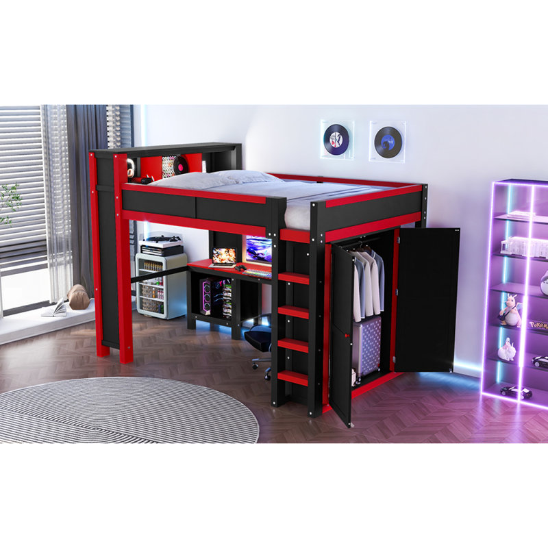 Lit mezzanine en bois avec garde-robe et bureau, tête de lit avec rangement et USB, rouge et noir, Noir / Rouge