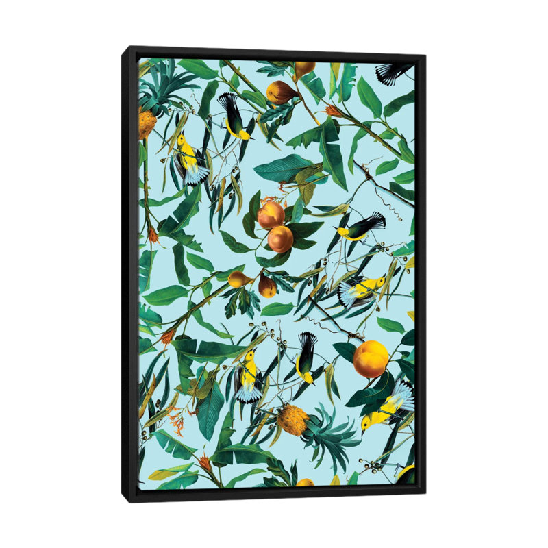 "fruits et oiseaux" , impression sur toile tendue, H 26 po x l 18 po x P 1,5 po, Toile avec cadre flottant noir, Pas de tapis