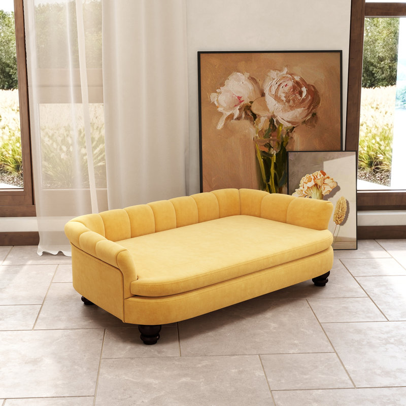 Lit tapissier pour animal de compagnie en velours, Jaune