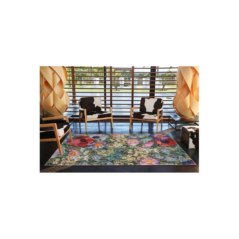 Tapis tissé à motif floral moderne, Sous-tapis rond 3 pi 3 po inclus