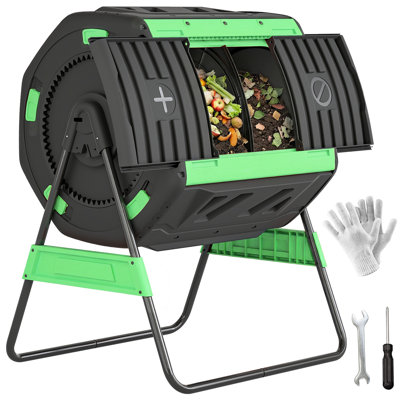 Compost Bin Outdoor, 53 Gal Dual Chamber Tumbling Compost, Green