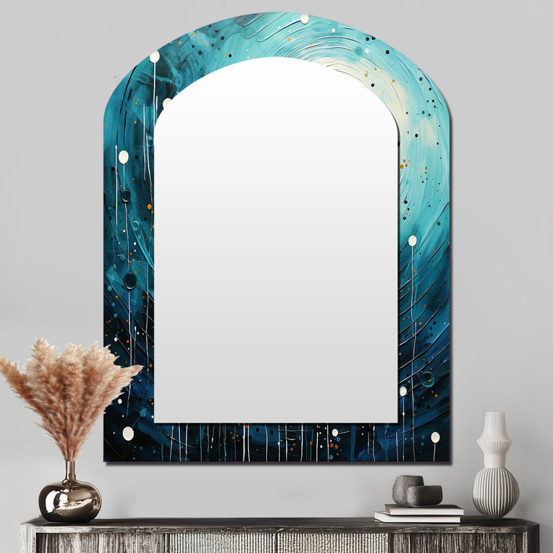 Bleu sarcelle et noir Minimalisme lune V - miroir arqué minimaliste, miroir mural asymétrique bleu, impression d'art en métal