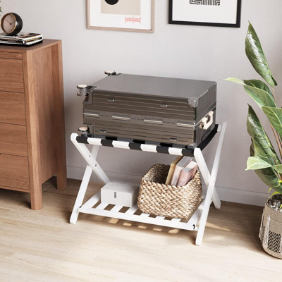 Porte-bagage blanc entièrement assemblé, porte-valise pliable en bambou amélioré avec 5 sangles en nylon, porte-bagage avec tablette pour chambre d'hôtel (porte-bagage blanc 1 pièce)