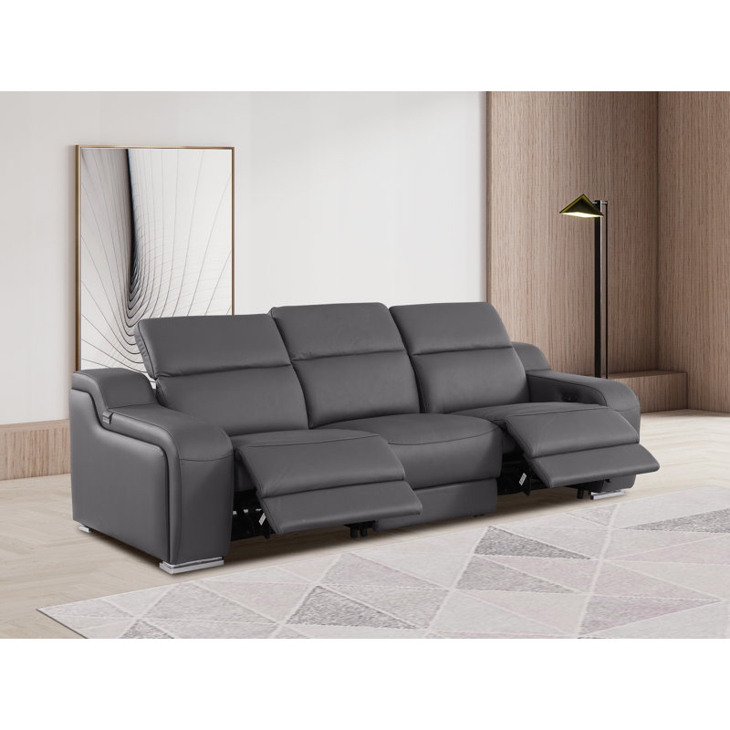 Top Grain Italian Leather Power Reclining Sofa With Dual Recliners And Power Headrests, Dark Gray