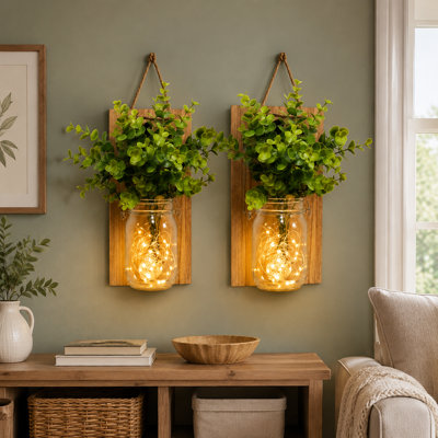 2-Pack Rustic Mason-Jar Farmhouse Wall Sconces with Warm LED Fairy Lights and Green Artificial Plants for Interior Decor