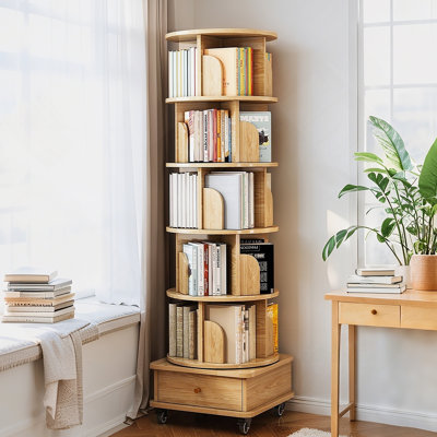 Bibliothèque rotative à 6 niveaux, étagère ronde rotative à 360 ° avec roulettes et tiroir, peu encombrante, petite bibliothèque rotative pour chambre à coucher, salon, maison, bureau, couleur bois