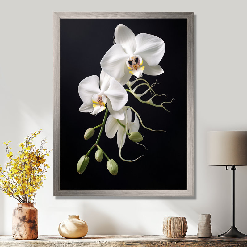 Orchidée délicate noire et blanche - décoration murale orchidée, Cadre photo argenté, H 20 po x l 12 po x P 1 po