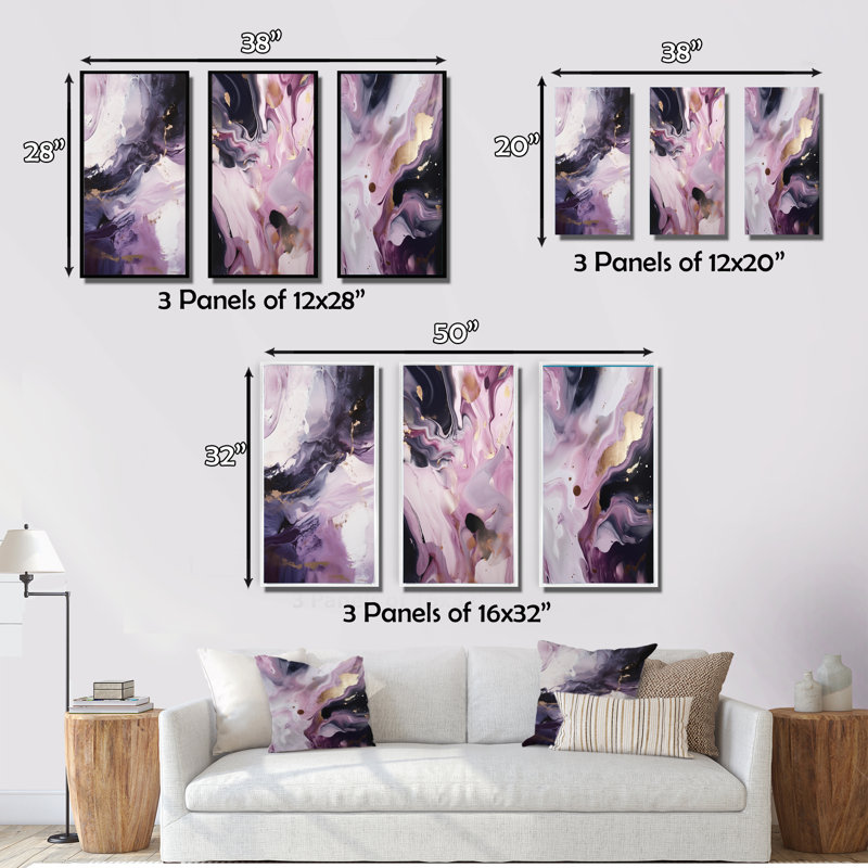 «Electric Marble Ink Art», 3 pièces, Toile tendue, H 32 po x l 48 po