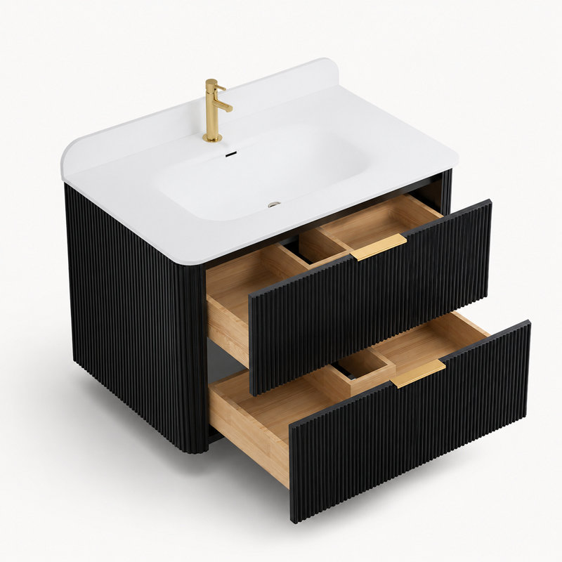Ensemble de vanité suspendue en chêne naturel de 76 cm avec lavabo intégré et miroir de courtoisie à DEL de 81 x 102 cm.