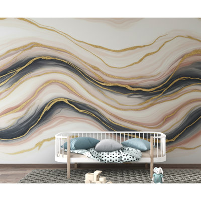 Luxury Marble Fluid Art Wallpaper Mural | Peel and Stick Removable Wallpaper | Gold Ivory Blush Abstract Wall Mural | Living Room Wallpaper