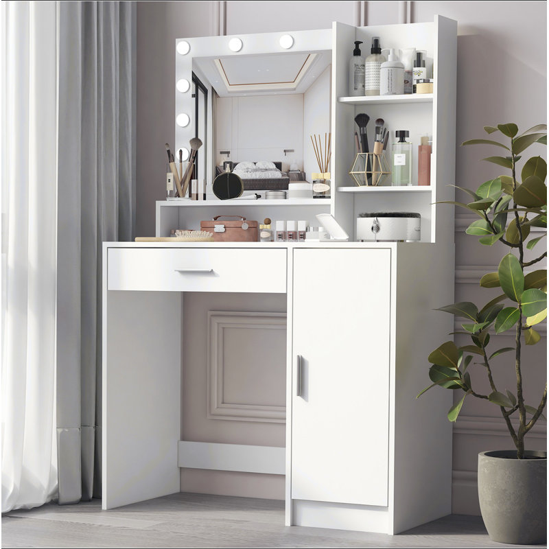Vanity Desk With Mirror & Light, Large Drawer Three Level Storage Dresser, 3 Lighting Modes Adjustable Brightness, Bedroom Dressing Table