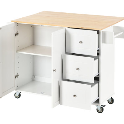 Rolling Kitchen Island With Strong Solid Wood Surface, Locking Wheels For Firmness, Storage & Drop Leaf Dining Counter  White Working To Immobility, Snack Desk