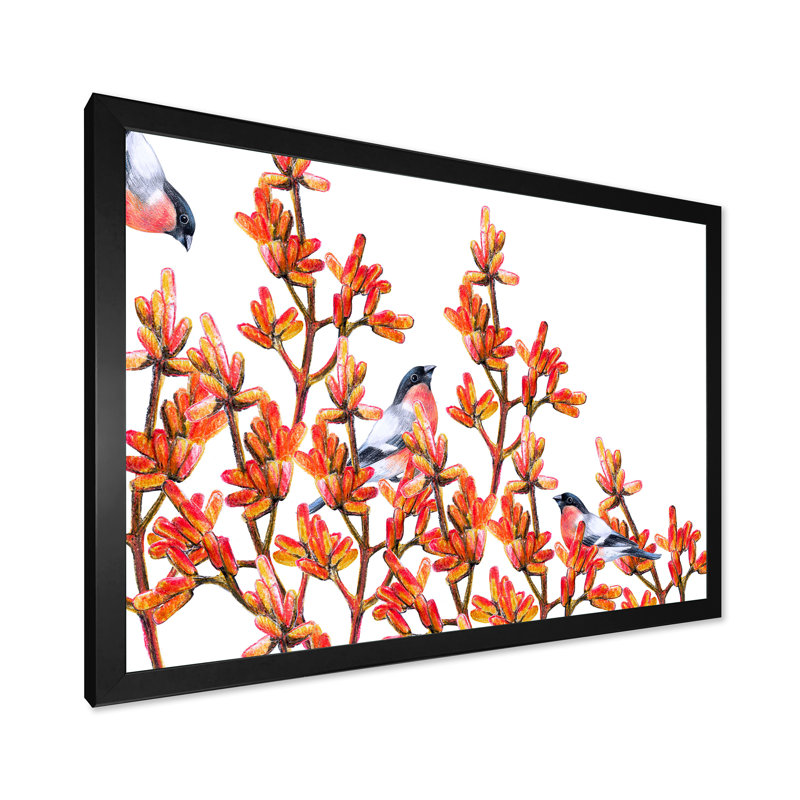 Volée de bouvreuils sur branches orange - Peinture sur toile, H 24 po x l 32 po x 1,5 po, Toile avec cadre noir
