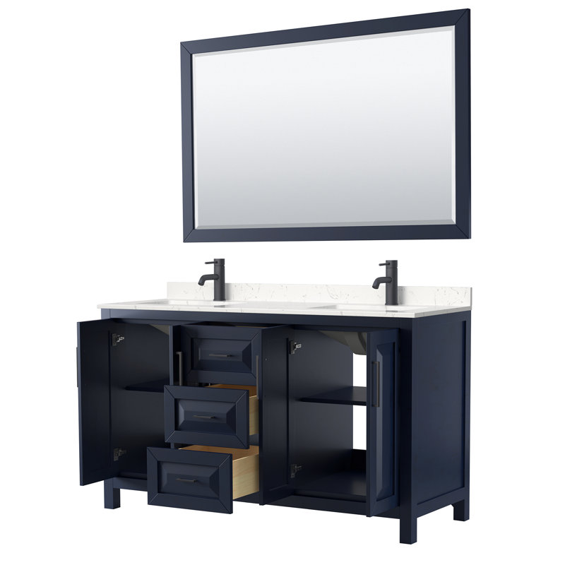 Daria 60'' Double Bathroom Vanity with Carrara Marble Top, Dark Blue, Carrara Cultured Marble, Matte Black