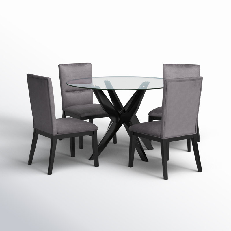 Vosburg 4 - Person Glass Top Pedestal Dining Set, Black, Gray Velvet/Black
