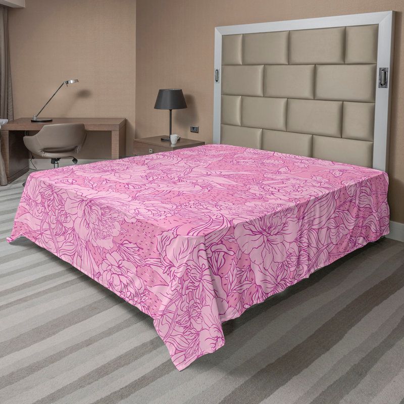 Drap plat moderne de style bohème Ambesonne, Rose doux / motif floral fuchsia rosé, Drap plat pour très grand lit californien