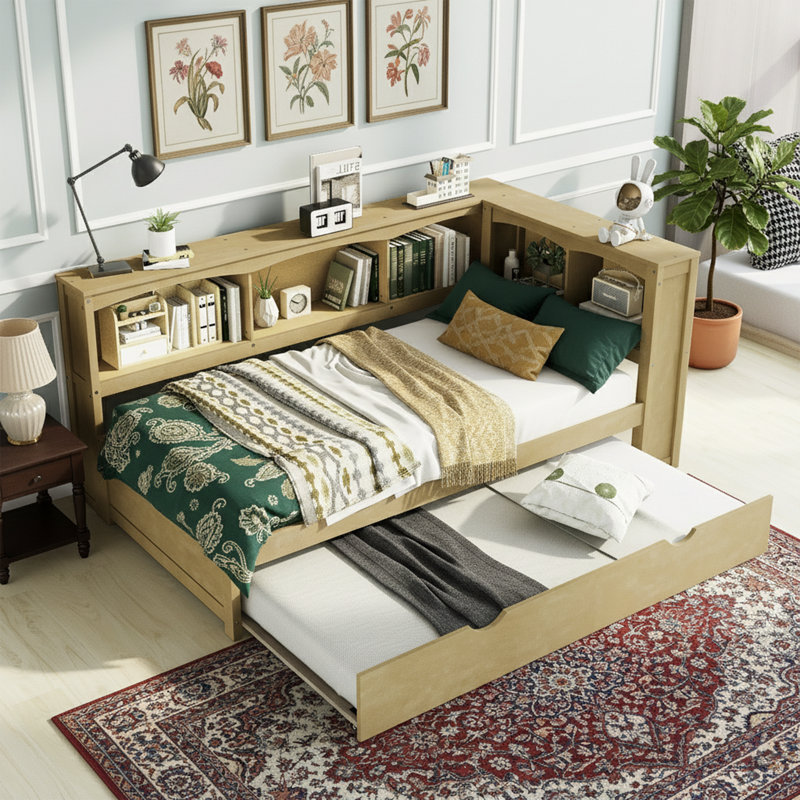 Wood Color Twin Daybed With Trundle – Storage Cabinets, Usb Ports, Tool-Free Assembly, Wood