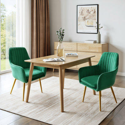Ensemble de 2 fauteuils de salle à manger rembourrés en velours vert de style Mid-Century avec pieds en métal doré, chaises d'appoint capitonnées avec accoudoirs pour la cuisine, le salon et la salle à manger