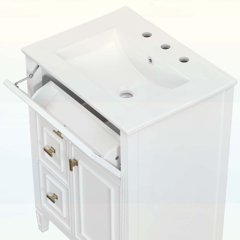Meuble-lavabo de salle de bain avec lavabo, tiroir rabattable polyvalent avec tablette réglable, espace de rangement spacieux et sécuritaire