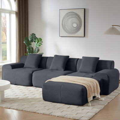 Canapé d'angle modulaire en L avec revêtement en velours côtelé, profondeur de 287 cm, 3 places, mobile, aucun assemblage requis, trois coussins décoratifs, base antidérapante, facile à nettoyer, compression sous vide, style moderne pour le salon, 3 places