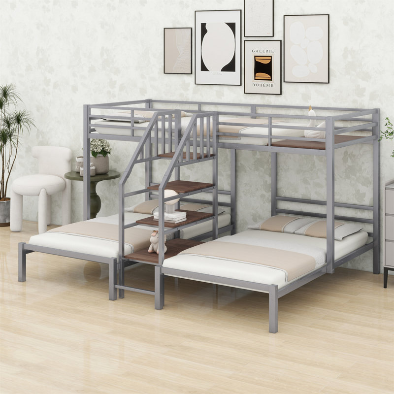 Lit superposé triple en métal avec tablettes de rangement et escalier, Argent argent