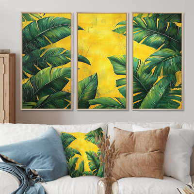 «Green Tropical Safari Leaves II» - art mural sur toile à feuilles - 3 panneaux