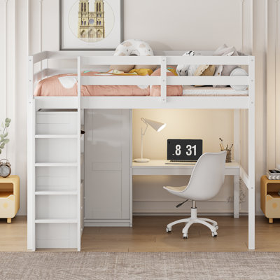 Lit mezzanine double en bois avec garde-robe, bureau, tablettes et tiroirs de rangement, peu encombrant, blanc