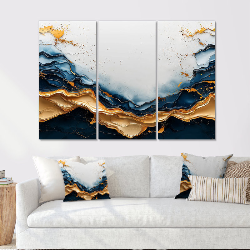 Golden Silence of Minimal Marble River IV - Art mural grand minimalisme - 3 panneaux, Toile tendue, Ne s’applique pas