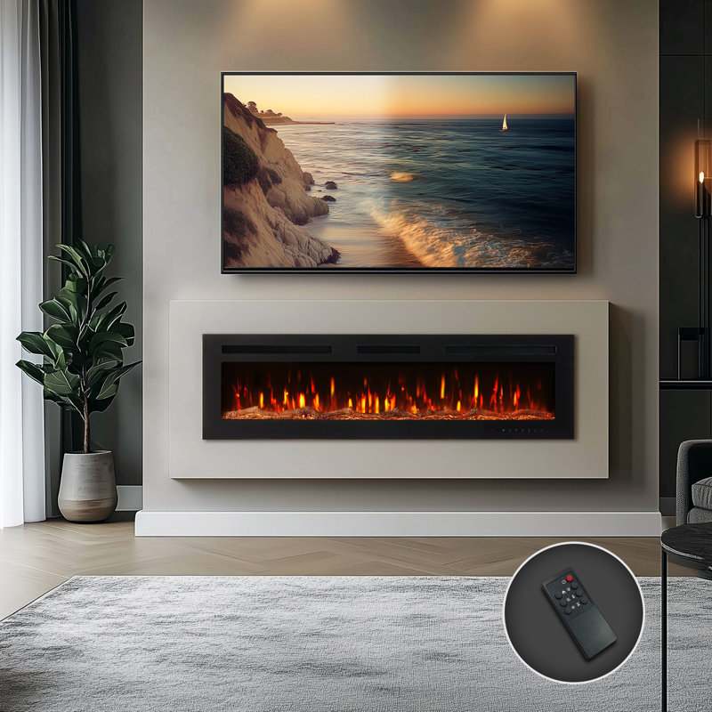 60 Inch Recessed And Wall Mounted Electric Fireplace, 12 Colors Of Flame & Ember, 5 Brightness, 1500w Heater, Log & Crystal, Remote Control