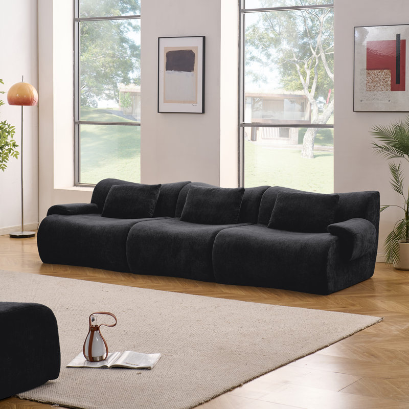 100.8" 3 Seaters Upholstered Modular Compression Sofa With Pillows Black, Black