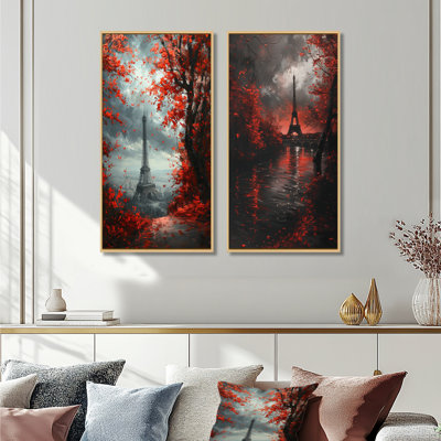 Tour Eiffel rouge et gris «Magic In Paris I - City Paris Wall Art», ensemble de 2 pièces