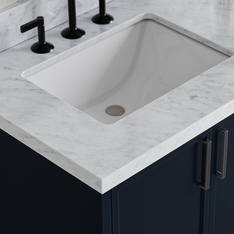 ARIEL Kelly 73 Double Sink Bathroom Vanity with Italian Carrara Marble Top, Midnight Blue