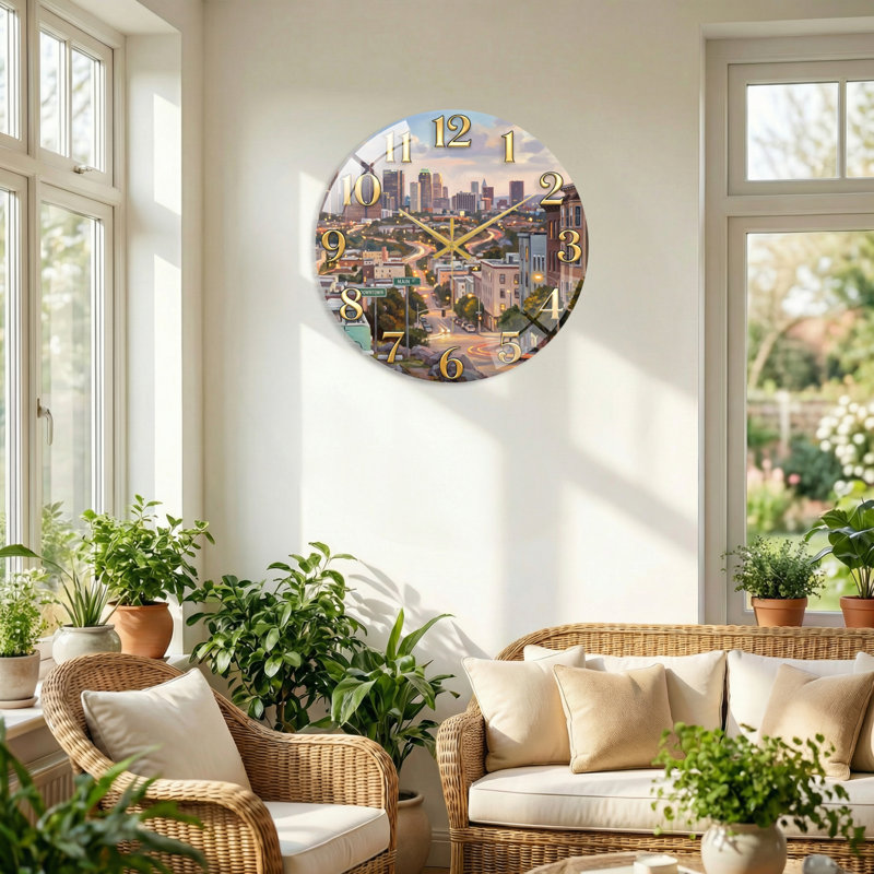 "Cityscape View", horloge murale en verre, 40 x 40 cm (15,7 x 15,7 pouces)