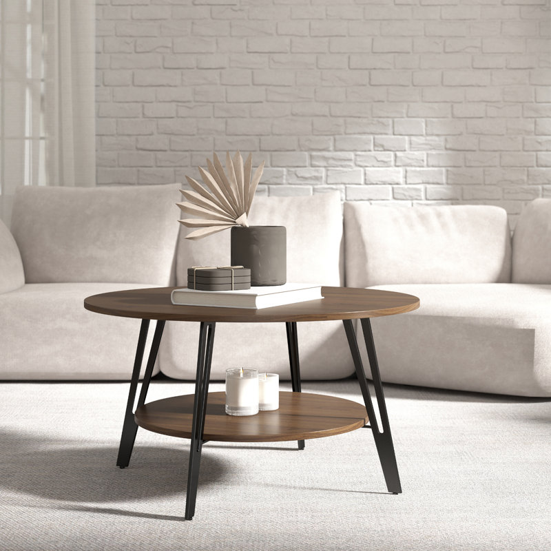Omar 2 Tier Round Coffee Table With Storage, Center Table  with Solid Iron Legs For Living Room, Brown