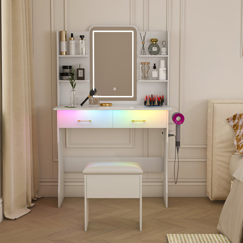 Bureau de coiffeuse avec miroir à DEL et prise de courant, ensemble de coiffeuse avec tiroirs de rangement et chaise, 3 modes d'éclairage et luminosité réglable RVB à DEL, coiffeuse pour chambre de filles, blanc