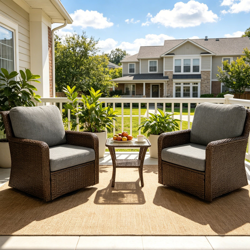 3-Piece Outdoor Conversation Set with Wicker Swivel Rocking Chairs and Side Table