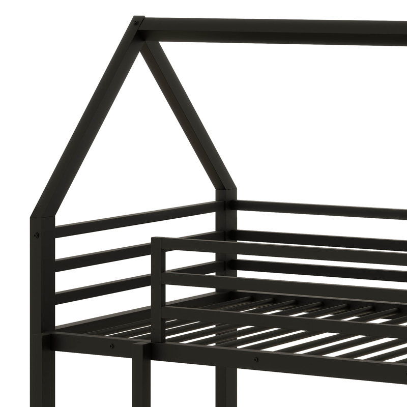 Twin Over Twin House Bunk Bed Frame With Ladder And Safety Guardrails, Black